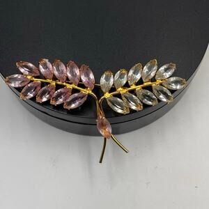 Gold Tone Pink and Clear Acrylic Rhinestone Branch‎ Leaf Spray Large Brooch